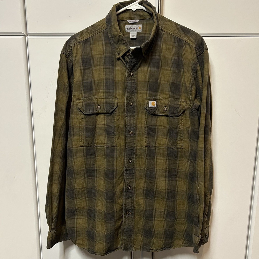 Carhartt Relaxed Fit Plaid Flannel Shirt Mens Large Olive Green Long Sleeve L